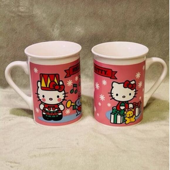 Vintage Hello Kitty Drummer Boy & Opening Presents Pair of Christmas 12oz Mugs - Picture 1 of 10